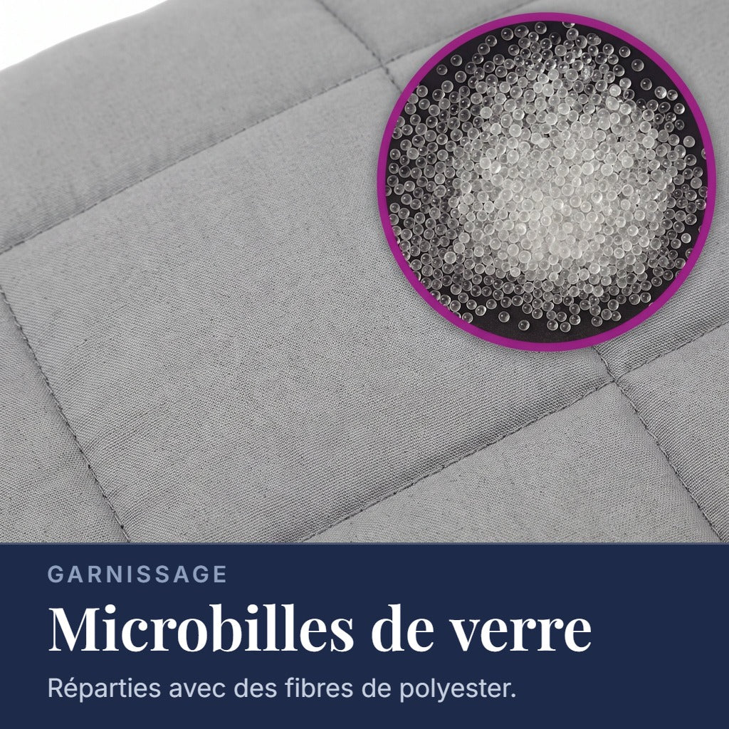Couverture lestée Lestona, coloris gris, détail agrandi des microbilles du garnissage